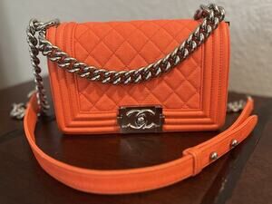 AUTHENTIC CHANEL SMALL BOY CHANEL FLAP BAG ORANGE CAVIAR LEATHER LEBOY 30024931